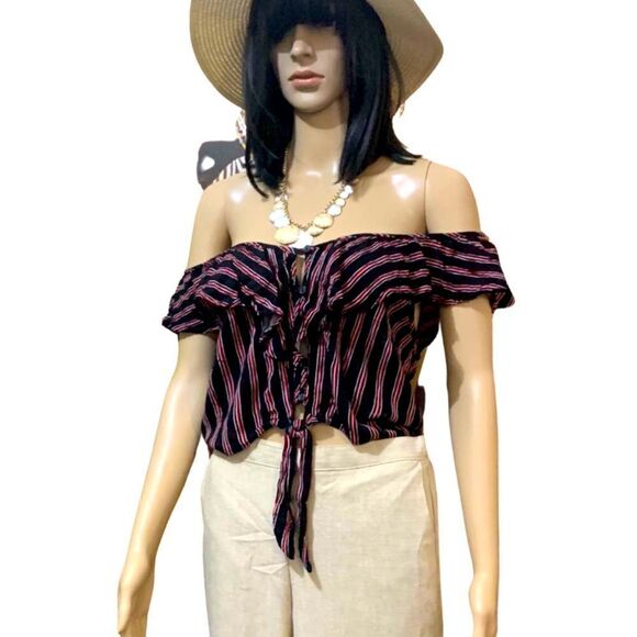 Black, White, Red Striped Ruffle Blouse - Large - Picture 1 of 12